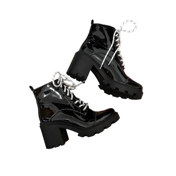 Azalea Wang Black Patent Leather Lace Up Heeled Boots Booties 8.5 NEW - Picture 2 of 6